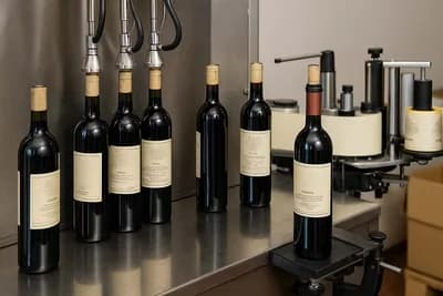 Proces flaširanja vina u vinariji – staklene boce crnog vina na traci za punjenje i etiketiranje