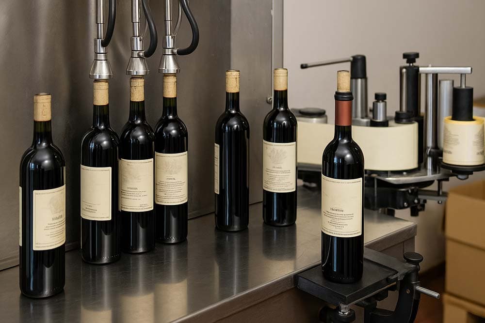 Proces flaširanja vina u vinariji – staklene boce crnog vina na traci za punjenje i etiketiranje